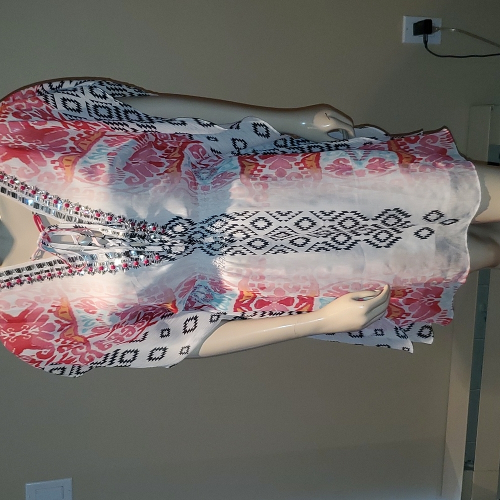 Bebe Tribal Print Beaded Kimono Dress Sequin Summer